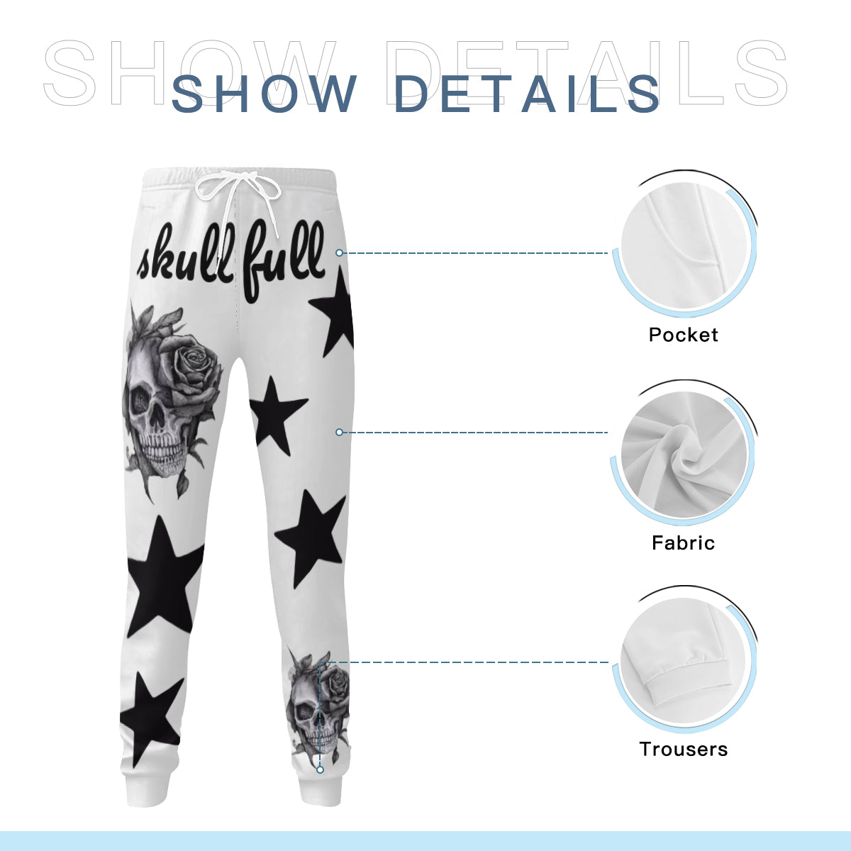 White pants with stars and skull design